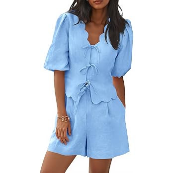 Cicy Bell Womens Summer 2 Piece Short Sets Puff Short Sleeve V Neck Bow Tie Front Tops Wide Leg S... | Amazon (US)