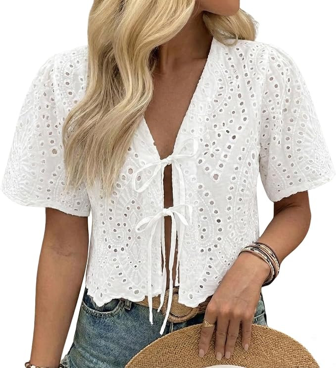 Women's Summer Vacation Eyelet Lace Blouse 100% Cotton Tie Front Short Sleeve Cropped Top | Amazon (US)
