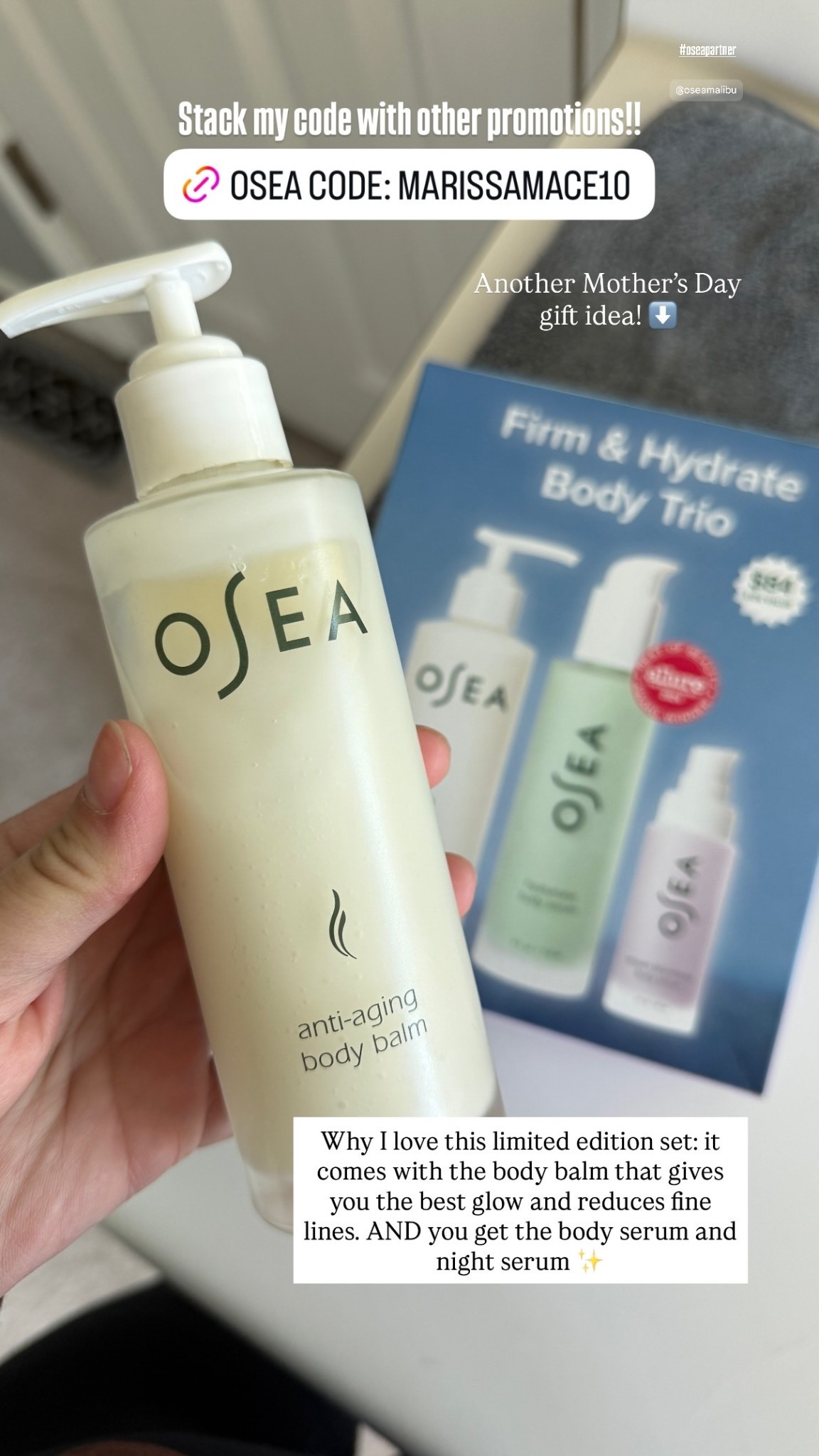 Another Mother’s Day gift idea! ⬇️ Why I love this limited edition set: it comes with the body balm that gives you the best glow and reduces fine lines. AND you get the body serum and night serum ✨ 
 Stack my code with other promotions!! #oseapartner

#LTKMothersDay #LTKOver40 #LTKselfcare
