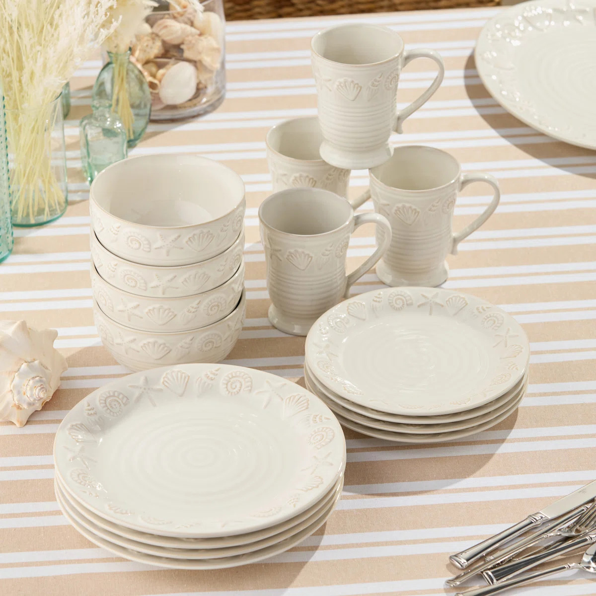 Coastline Cream 16-Piece Stoneware Dinnerware Set, Service for 4 with embossed coastal shells and... | Wayfair North America