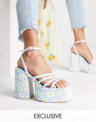 Daisy Street Exclusive platform heeled sandals in blue daisy print | ASOS (Global)