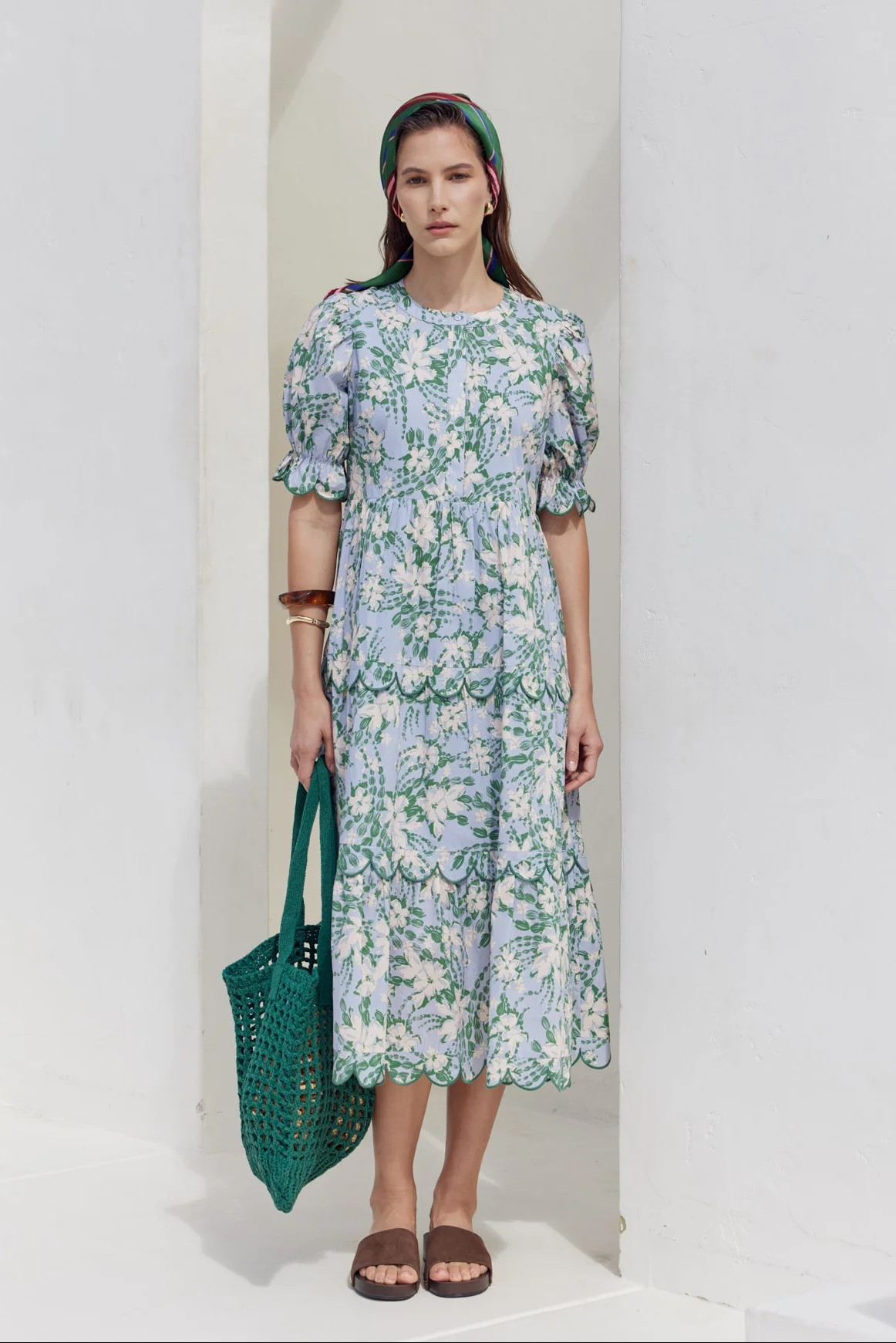 Floral Scallop Edge Puff Sleeve Midi Dress | English Factory