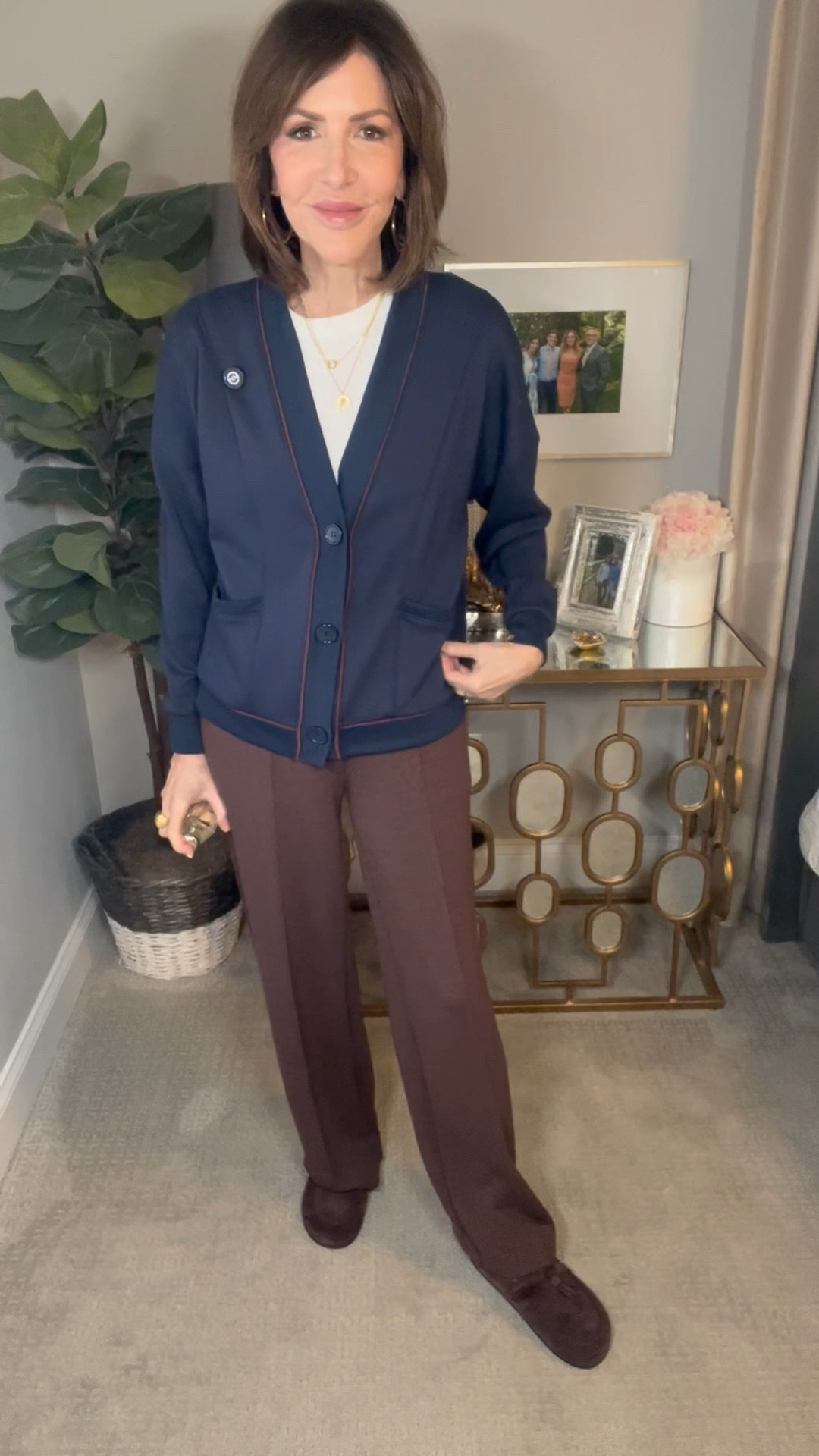 navy cardigan, white tee, brown sweatpants, brown mules, over 50 outfits

#LTKSeasonal #LTKgrwm #LTKOver40