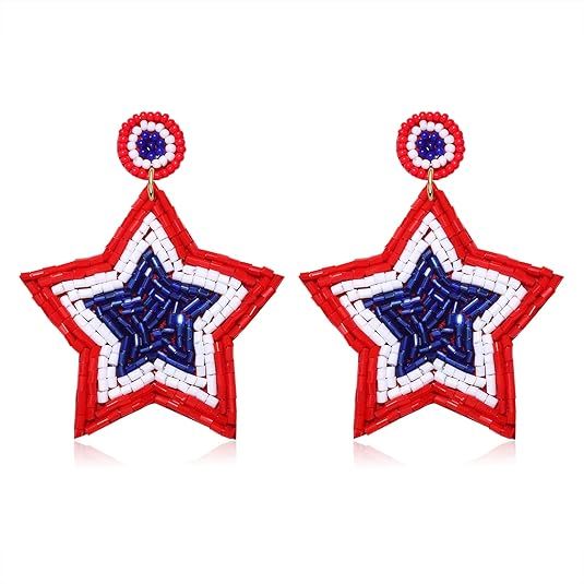 Patriotic Earrings 4 th of July Beaded Earrings Handmade Cute Red White Blue American Flag USA St... | Amazon (US)
