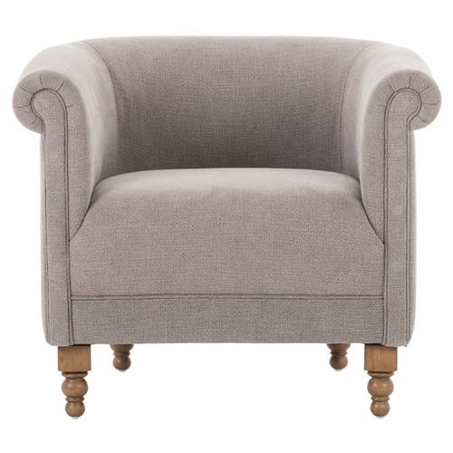 Thomas French Country Grey Upholstered Brown Wood Occasional Arm Chair | Kathy Kuo Home