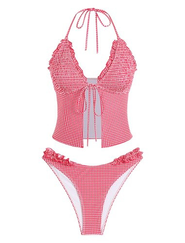 ZAFUL Tankini Swimsuits for Women Smocked Ruffles Tie Front Bowknot Textured High Cut Tanga Tankini Set(22-Red, S) | Amazon (US)