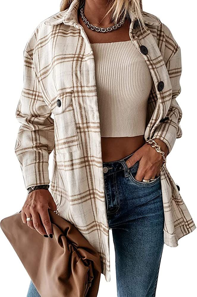 Womens Casual Plaid Shacket Button Down Long Sleeve Shirt | Amazon (US)