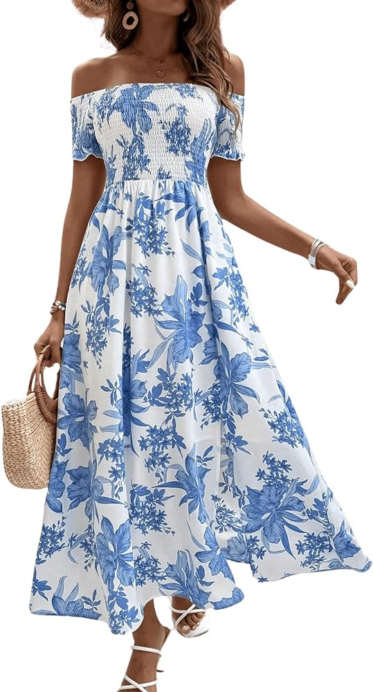 Floerns Women's Boho Ditsy Floral Print Off Shoulder Short Sleeve Split Maxi A Line Dress | Amazon (US)