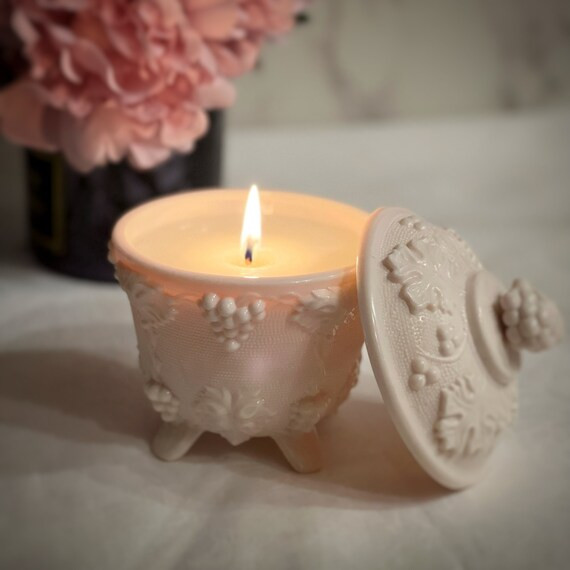 Unique Candle, Vintage Jeannette Shell Pink Milk Glass with Lid | Etsy (US)