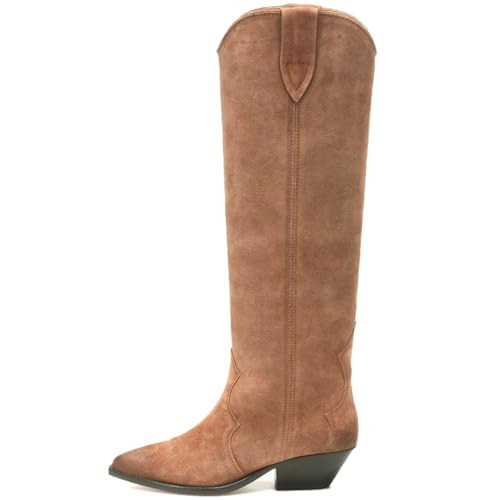 Amazon.com | YIYA Women's Western Brown Suede Cowboy Knee High Boots Classic Pointed Toe Chunky L... | Amazon (US)