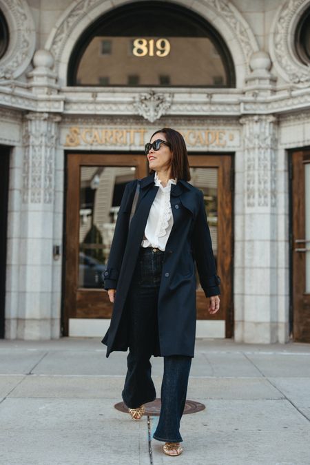 Trench Coat Outfit
Sandro Navy Pleated Trench/wearing 8
Sèzane Chlo Poplin Top/wearing 6
Sèzane Hortense Gold Sandals/true to size
J. Crew Sailor Denim/size down one 
Celine Bag/linking similar 
Paris Outfit 

#LTKover40 #LTKstyletip