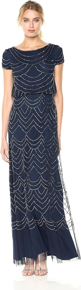 Adrianna Papell Womens Short Sleeve Blouson Beaded Gown | Amazon (US)