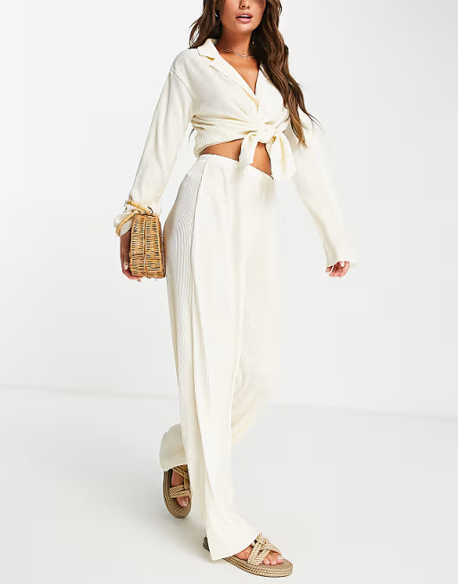 ASOS DESIGN plisse wide leg beach trouser co ord in ivory | ASOS (Global)