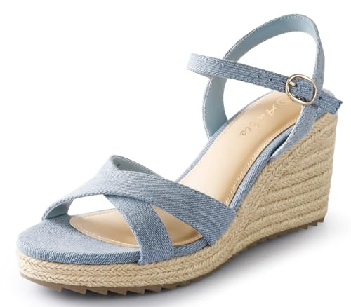 Ankis Wedge Sandals for Women, Blue Espadrille Womens Wedge Sandals Comfortable Open Toe Ankle Strap High Heel Wedges for Women Dressy Summer -3.4Inch | Amazon (US)