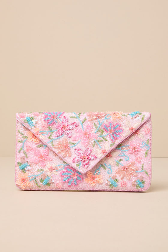 Beautiful Aspirations Pink Floral Sequin Beaded Clutch | Lulus