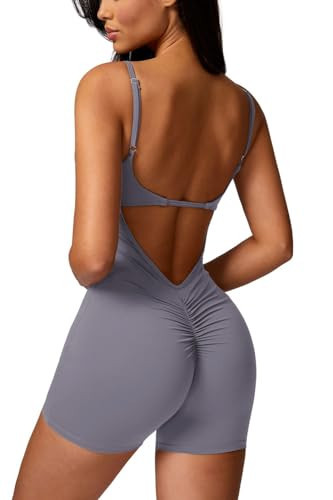 QINSEN One Piece Jumpsuits for Women Sexy Scrunch Butt Workout Jumpsuit Square Neck Stretch Romper Light Grey L | Amazon (US)
