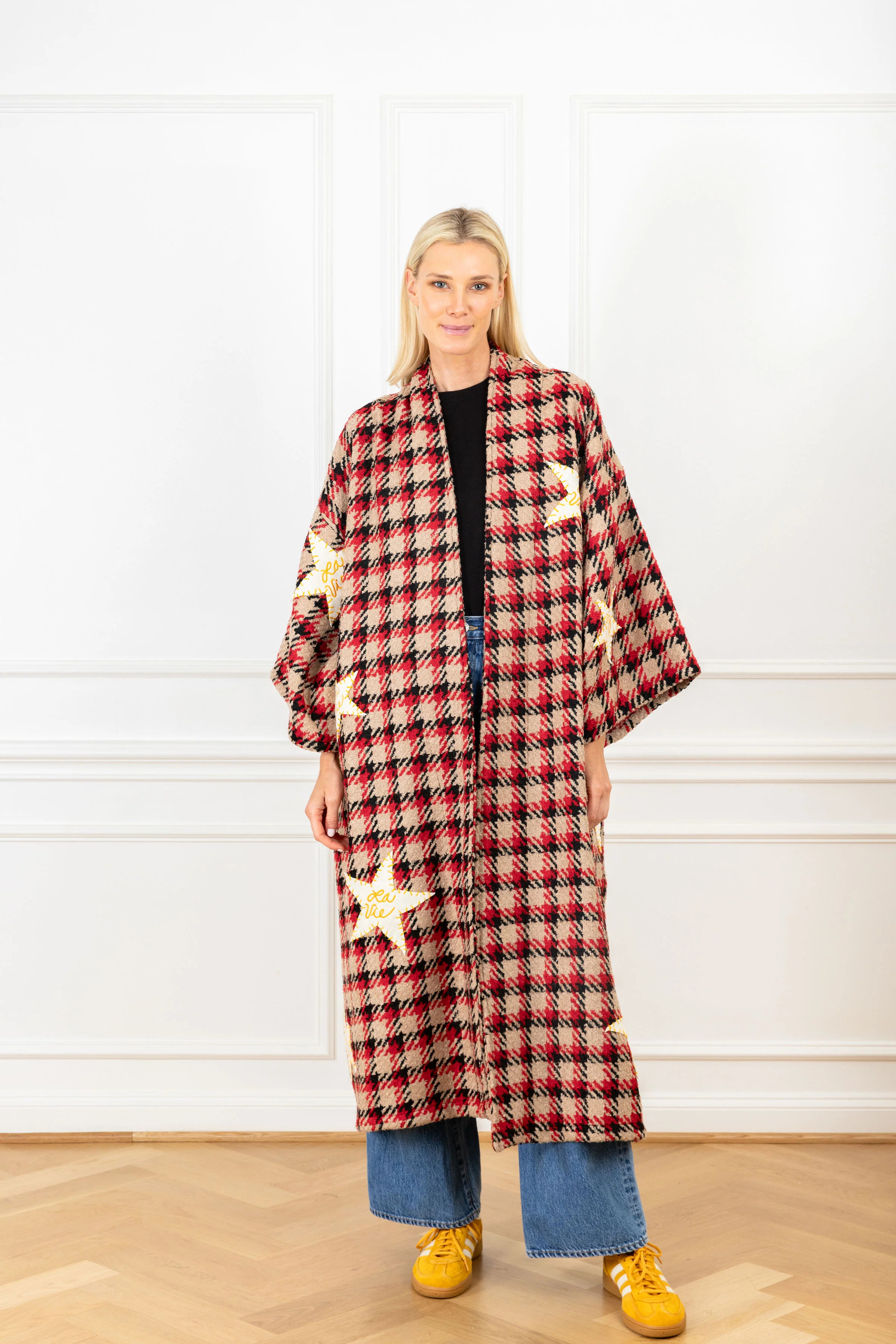 Houndstooth Wool Patch Maxi Duster | La Vie Style House