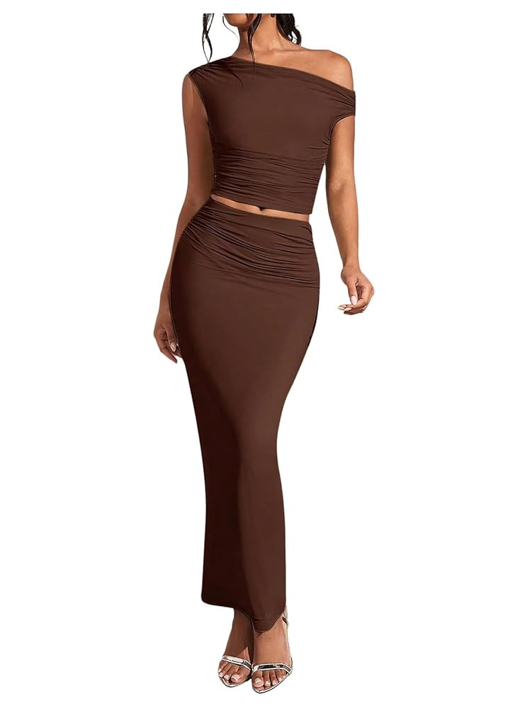 WDIRARA Women's 2 Piece Outfits Floral Print One Shoulder Crop Top Bodycon Ruched Maxi Skirt Set | Amazon (US)