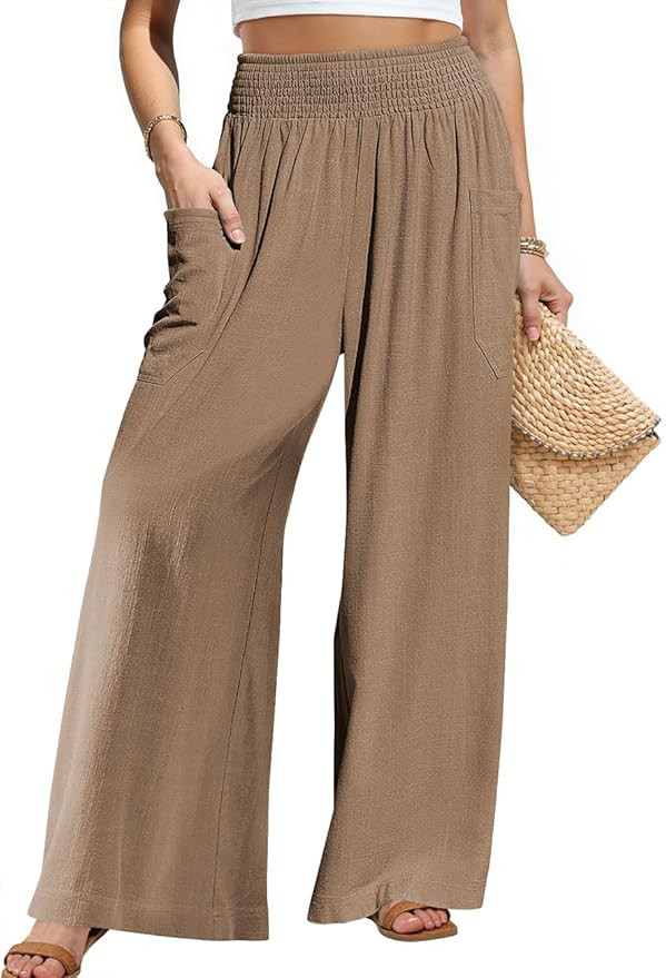 TARSE Women Linen Palazzo Pants Wide Leg Summer Boho High Waist Casual Lounge Pant Beach Travel V... | Amazon (US)