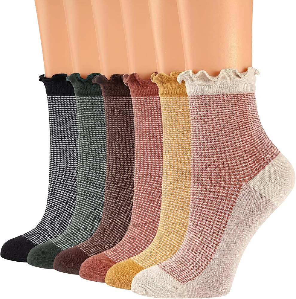 Women Ruffle Socks, Cotton Retro Frilly Striped Socks, Cute Checkered Ankle Sock for Women, Vinta... | Amazon (US)