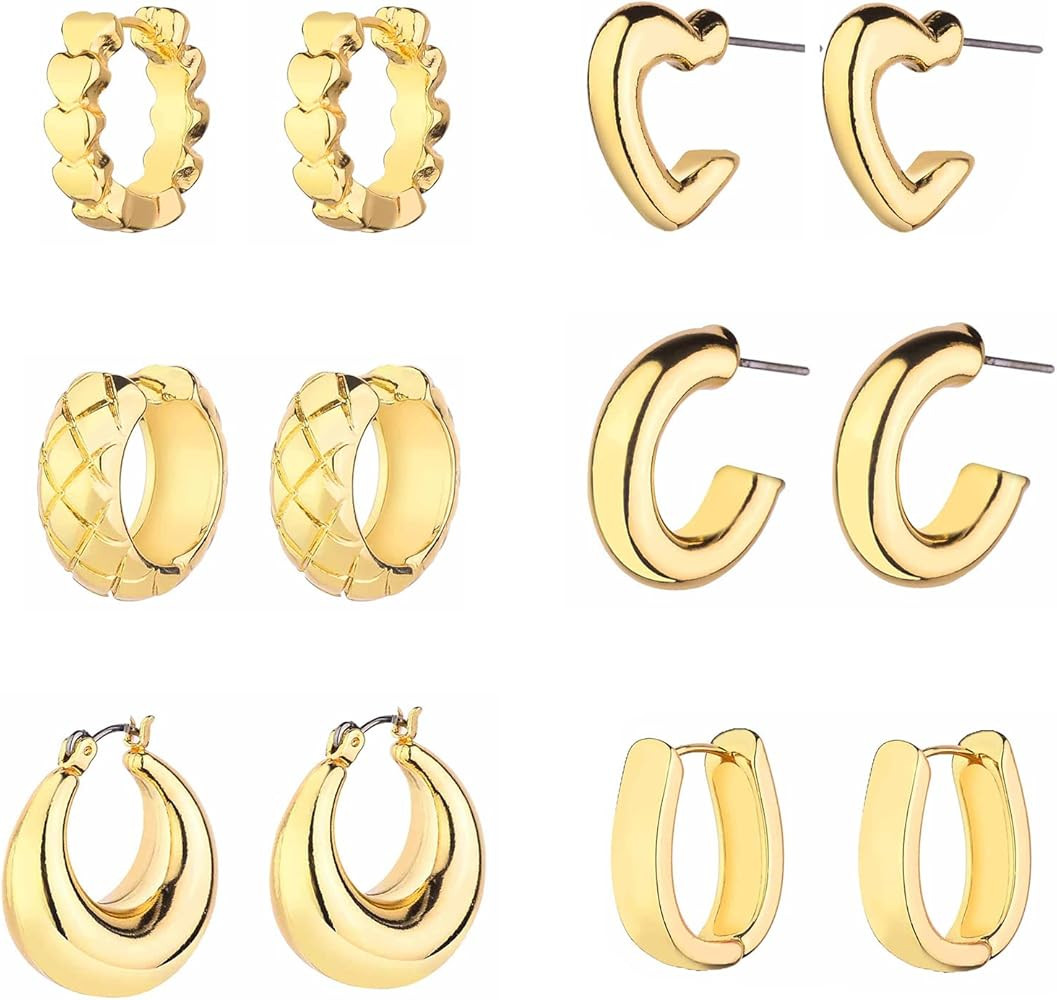 Wgoud Juego de aretes de aro gruesos de oro de 14 quilates para mujer, hipoalergénicos, juego de... | Amazon (US)
