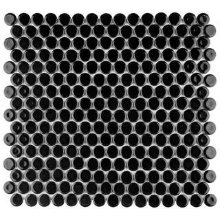 Merola Tile Hudson Penny Round Glossy Black 12 in. x 12-5/8 in. x 5 mm Porcelain Mosaic Tile (10.... | The Home Depot