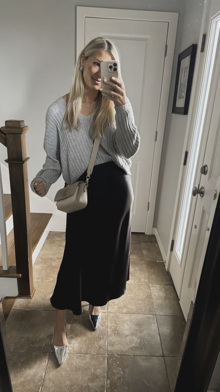 Slouchy sweater with satin skirts on repeat. I sized up in this sweater and love how soft it is. Shoes are size 9 1/2 to give more room (VERY comfortable!) 

#LTKstyletip #LTKover40 #LTKfindsunder50