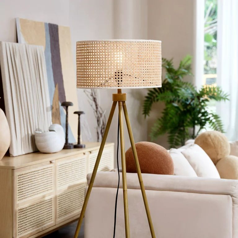 Globe Electric Sandy 60" Faux Wood Floor Lamp with Faux Rattan Shade, 91004435 | Walmart (US)