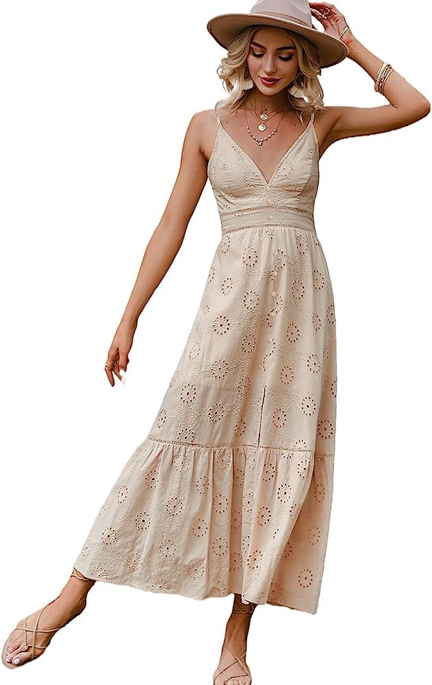 Narspeer Women's Beach Flowy Embroidery Long Dress Summer Spaghetti Straps Floral Maxi Dress | Amazon (US)