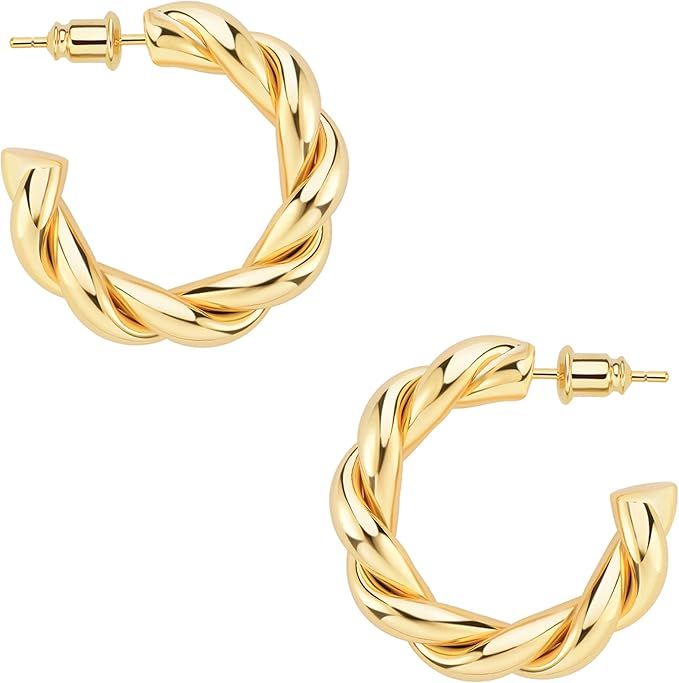Wowshow Gold Hoop Earrings 14k Gold Plated Twisted Rope Round Chunky Hoop Earrings Gift for Women | Amazon (US)