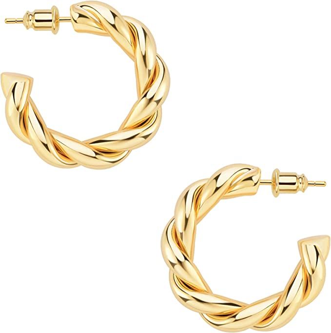 Wowshow Gold Hoop Earrings 14k Gold Plated Twisted Rope Round Chunky Hoop Earrings Gift for Women | Amazon (US)