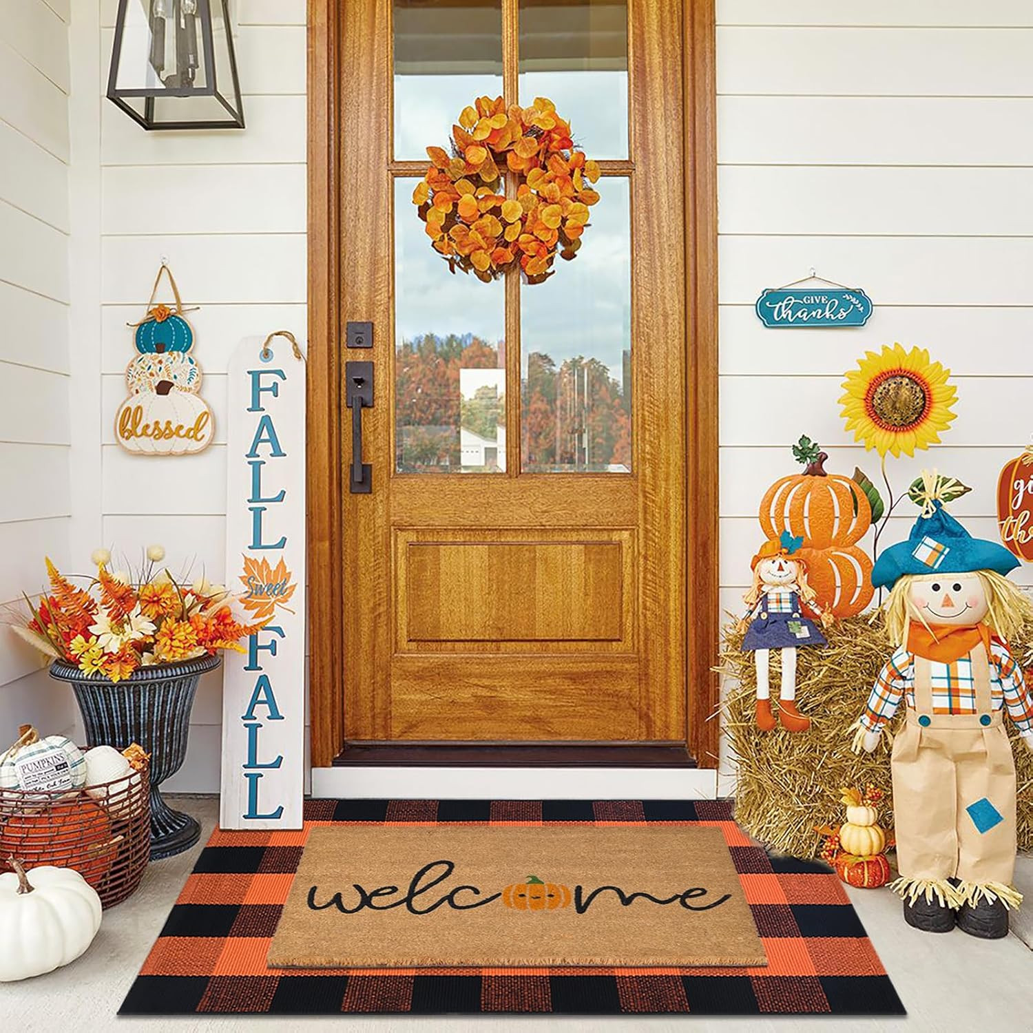 Fall Door Mat Combo Set, Welcome Coco Coir Welcome Mat + 28" x 43" Orange and Black Plaid Rug, Autumn Thanksgiving Front Porch Entryway Decor Floor Mat | Amazon (US)