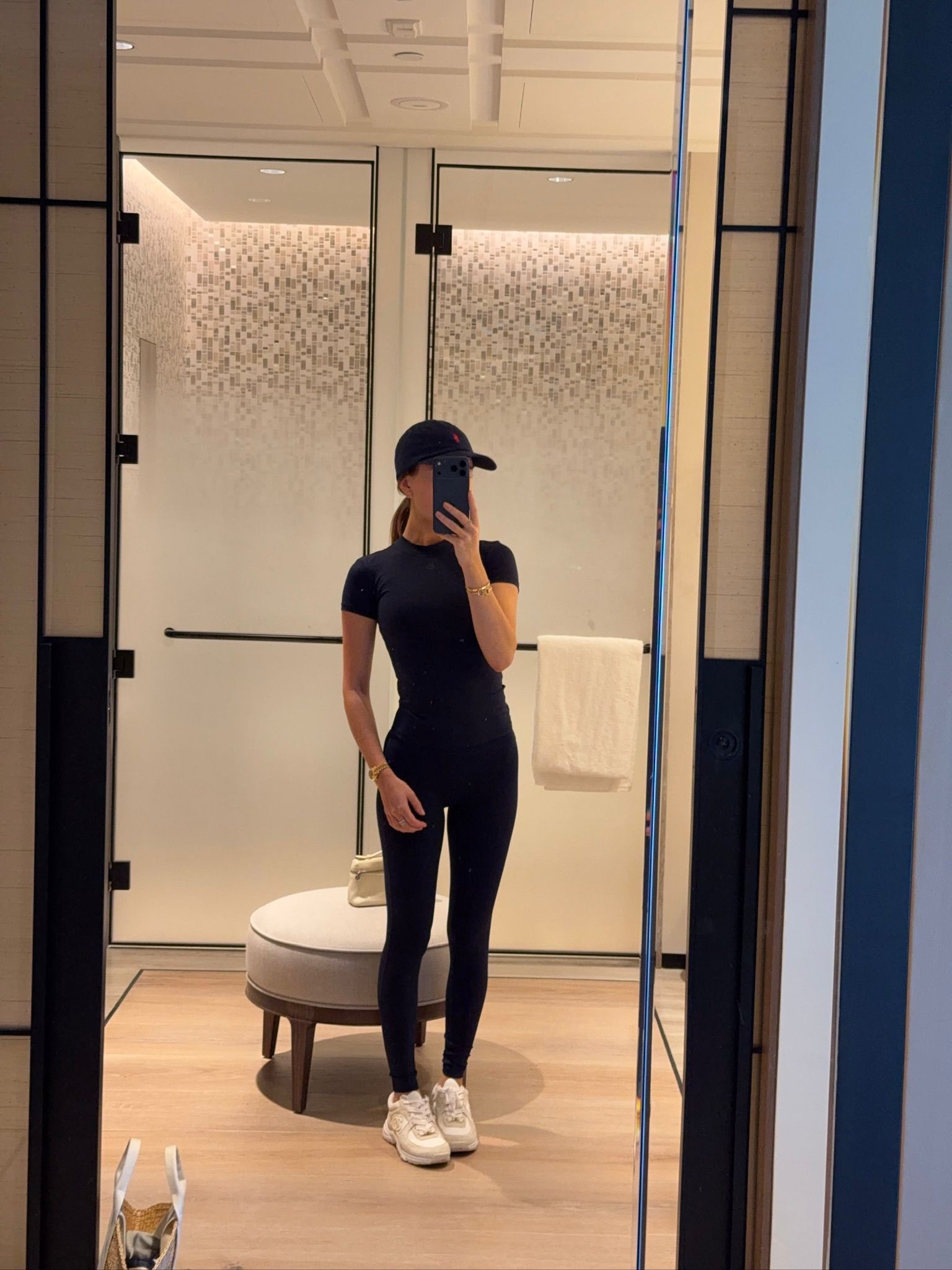 Walks at the beach🤍 wearing a navy blue gym set by the couture club, styled with Chanel trainers and a Ralph Lauren cap 

#LTKtravel #LTKfitness