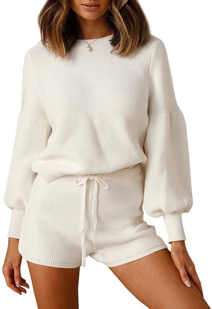 imesrun Womens Knit Pajamas Sets Lantern Long Sleeve Top and Drawstring Shorts Sleepwear Loungewe... | Amazon (US)