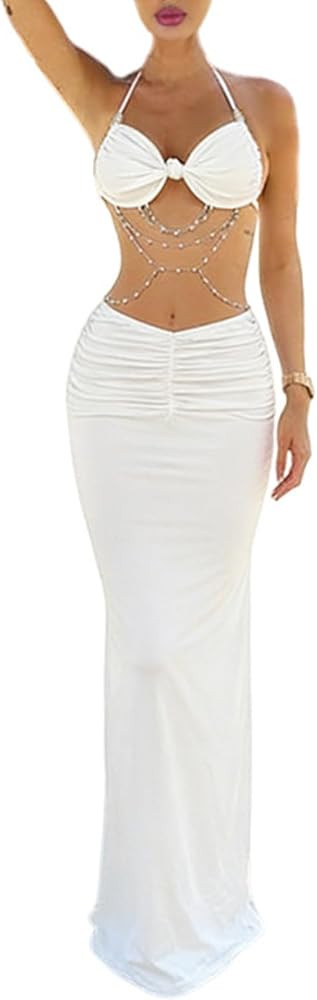 Women's Two Piece Maxi Skirt Sets Summer Beach Sexy Ruched Backless Pearls Chain Decor Crop Top a... | Amazon (US)