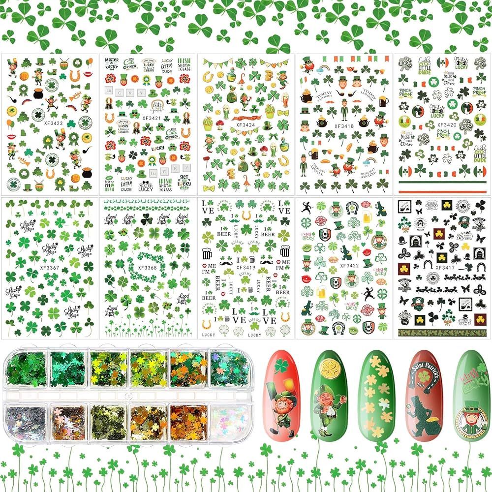 10 Sheets St. Patrick's Day Nail Art Stickers 3D Self-Adhesive Nail Decals and 12 Grids Shamrock ... | Amazon (US)