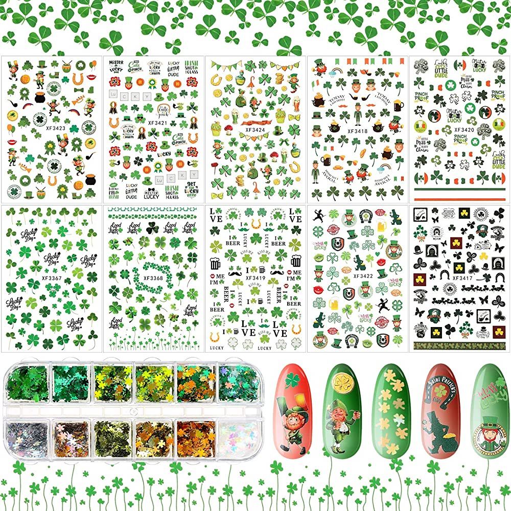 10 Sheets St. Patrick's Day Nail Art Stickers 3D Self-Adhesive Nail Decals and 12 Grids Shamrock ... | Amazon (US)