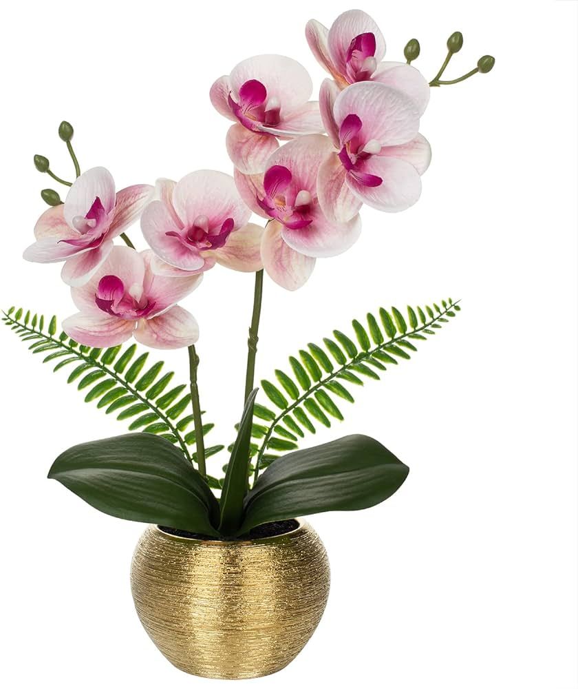 Briful Fake Orchid Fake Plant 13''Pink Orchids Artificial Flowers with Gold Ceramic Vase Faux Orc... | Amazon (US)