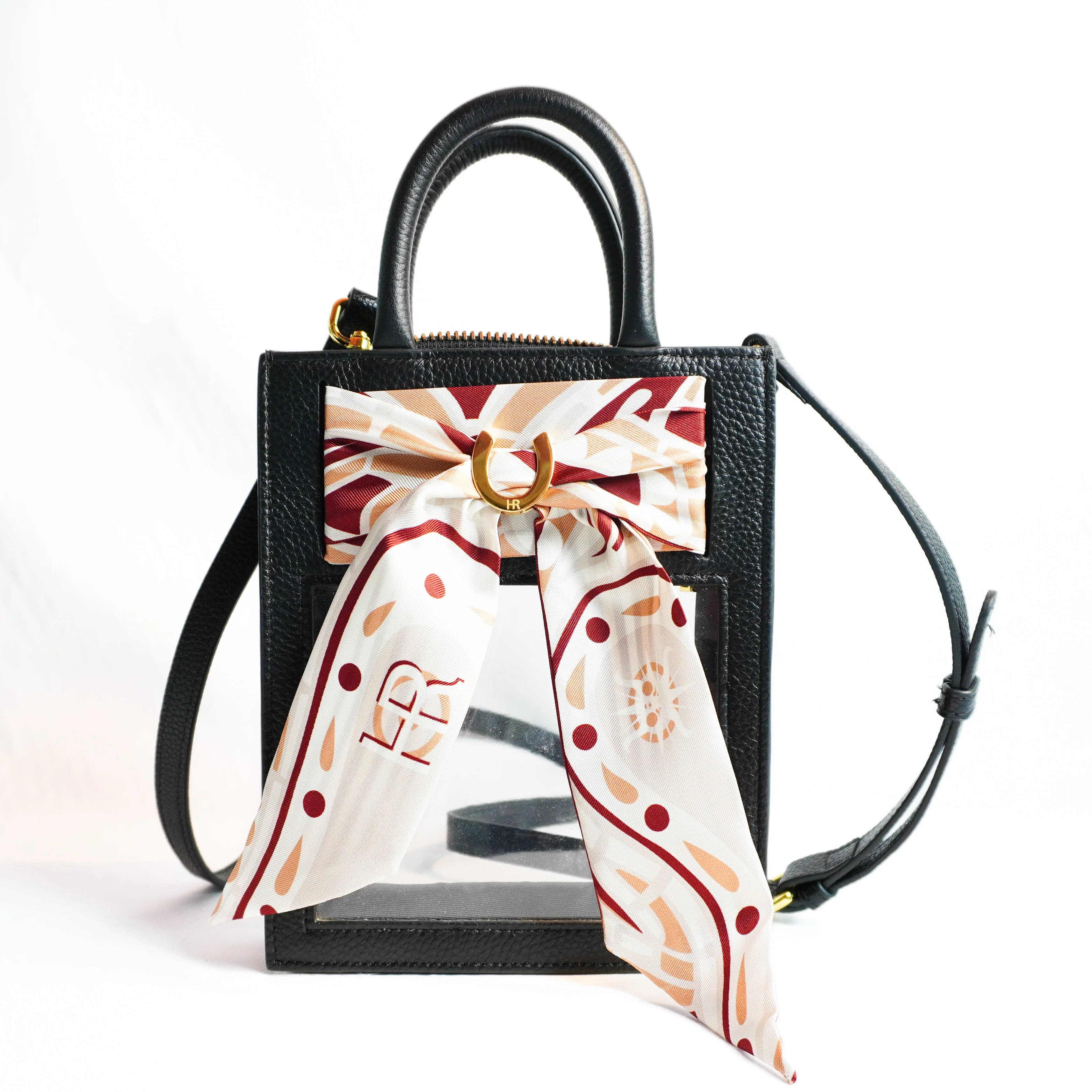 Stadium Approved Leather Top Handle Purse with Crimson and Gold Silk Twill Skinny Scarf | Hampton Road Designs, LLC