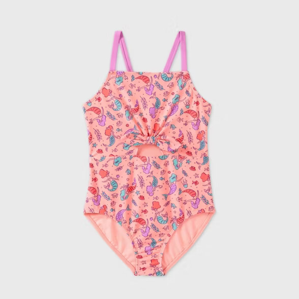 Girls' Tie-Front Mermaid Print One Piece Swimsuit - Cat & Jack™ Coral | Target