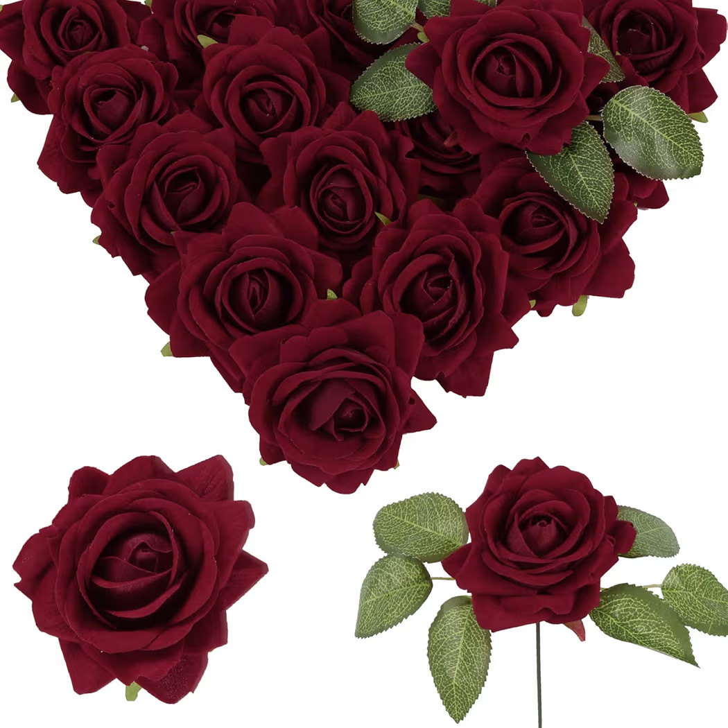 Burgundy Roses 16pcs Velvet Artificial Roses Maroon Flowers 3.15" Silk Roses for Bridal Bouquet W... | Amazon (US)