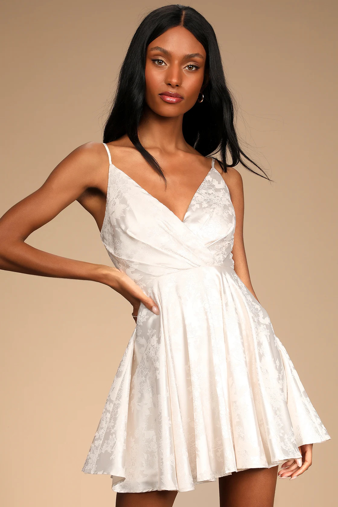 Until The Dawn Cream Satin Floral Jacquard Mini Dress | Lulus (US)