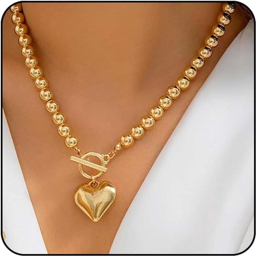Gold Heart Chunky Necklaces for Women Silver Heart Necklace Big Pearl Choker Necklace Y2k Necklac... | Amazon (US)