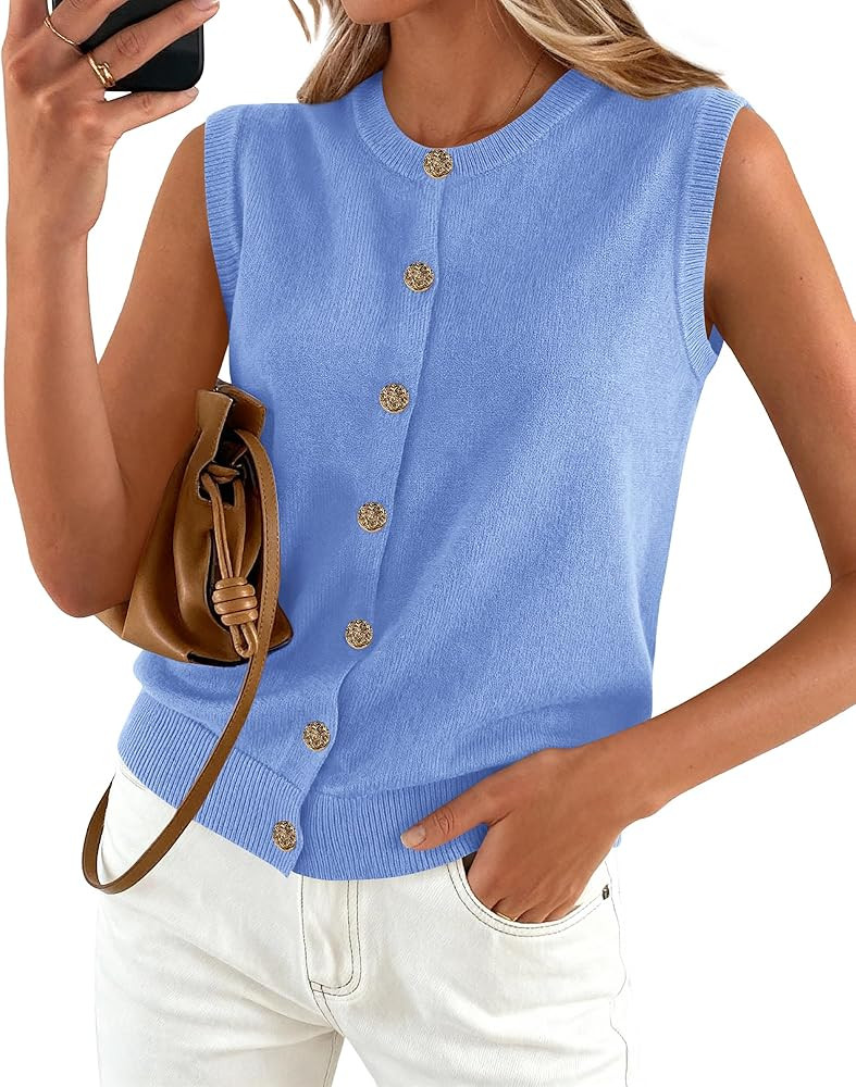 BTFBM Sweater Vest Women Casual Crewneck Button Down Knit Sleeveless Cardigan 2026 Spring Clothes... | Amazon (US)