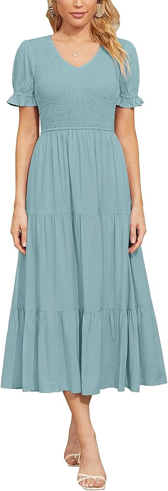 Kranda Women V Neck Short Puff Sleeve Solid Smocked Ruffle Pleated Floral Midi Dresses | Amazon (US)