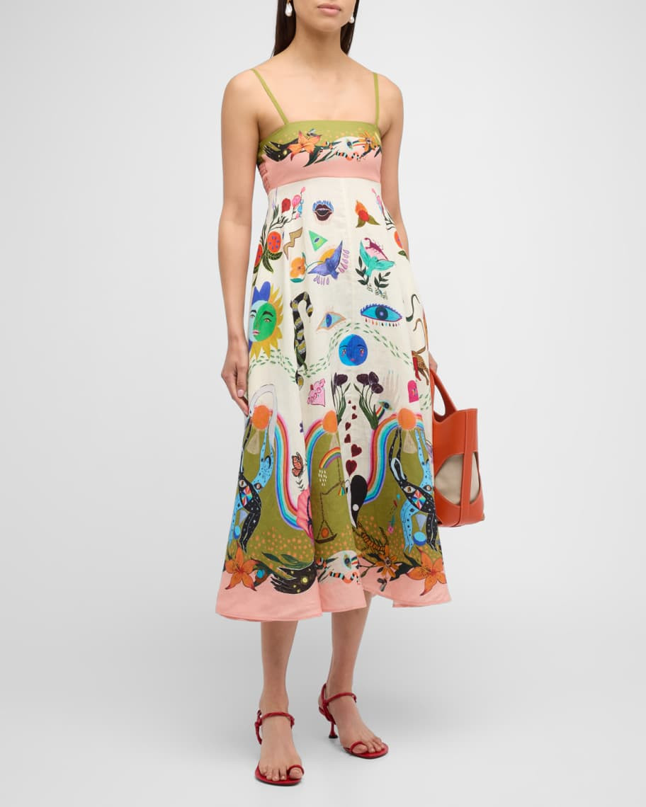 ALEMAIS Evergreen Floral Linen Spaghetti-Strap Midi Sundress | Neiman Marcus