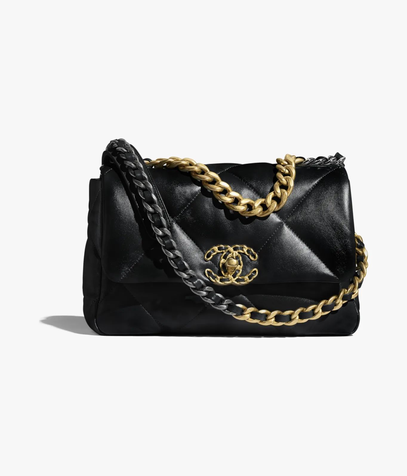 Chanel 19 handbag, Shiny lambskin, gold-tone, silver-tone & ruthenium-finish metal, black — Fas... | Chanel, Inc. (US)