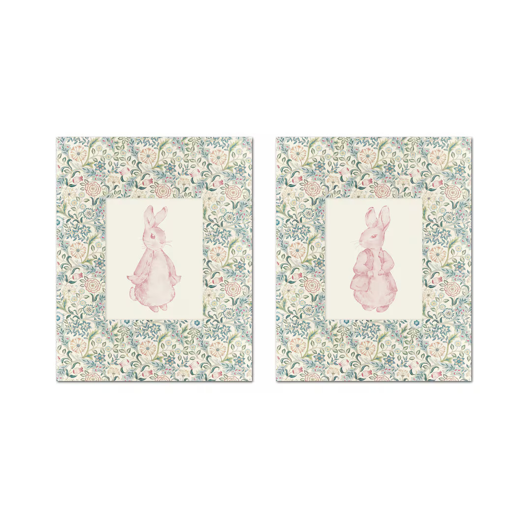 Peter Rabbit Pink Collage Print Set, Botanical Prints, Chinoiserie Art, Nursery Art Prints, Nurse... | Etsy (US)