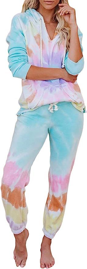 Elapsy Womens Tie Dye Printed Long Sleeve Pajamas Set Soft Top and Pants Pockets PJ Set Nightwear... | Amazon (US)