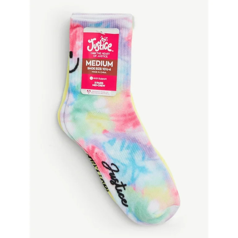 Justice, Girls Mid-Crew Socks, 3-Pack, Sizes M-L - Walmart.com | Walmart (US)